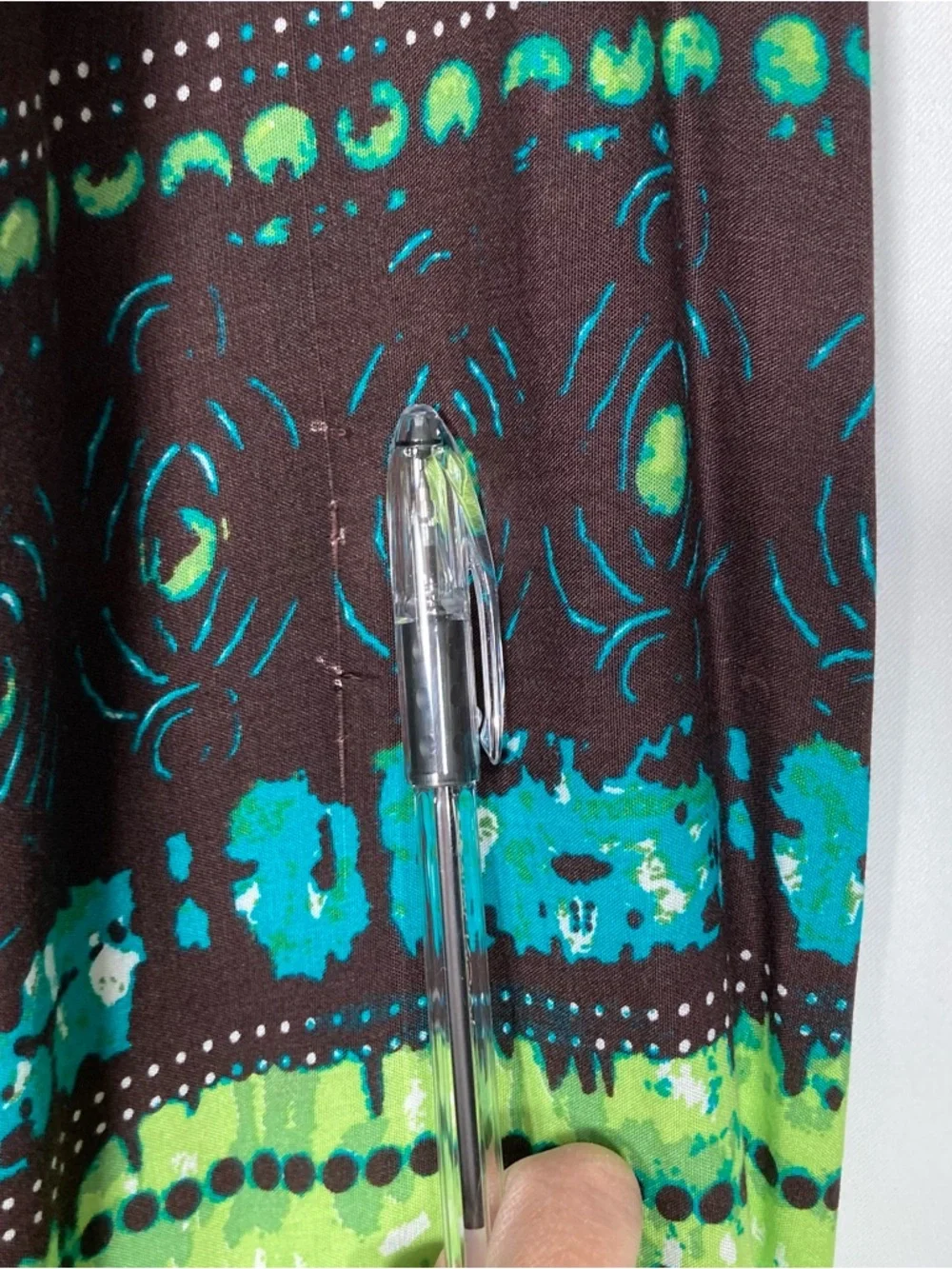 Kim Rogers Boho Paisley Rayon Maxi Skirt Green Brown Blue Size M Beaded Fringe